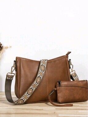 Brown Crossbody Bag with Floral Strap